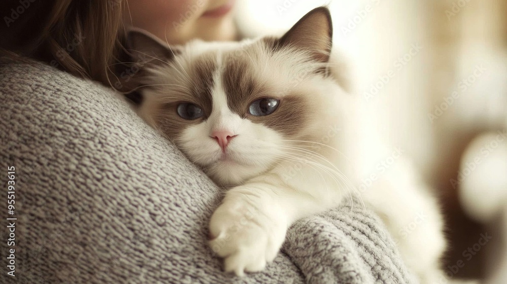 A Fluffy White Cat Resting in a Woman's Arms A Fluffy White Cat Resting in a Woman's Arms