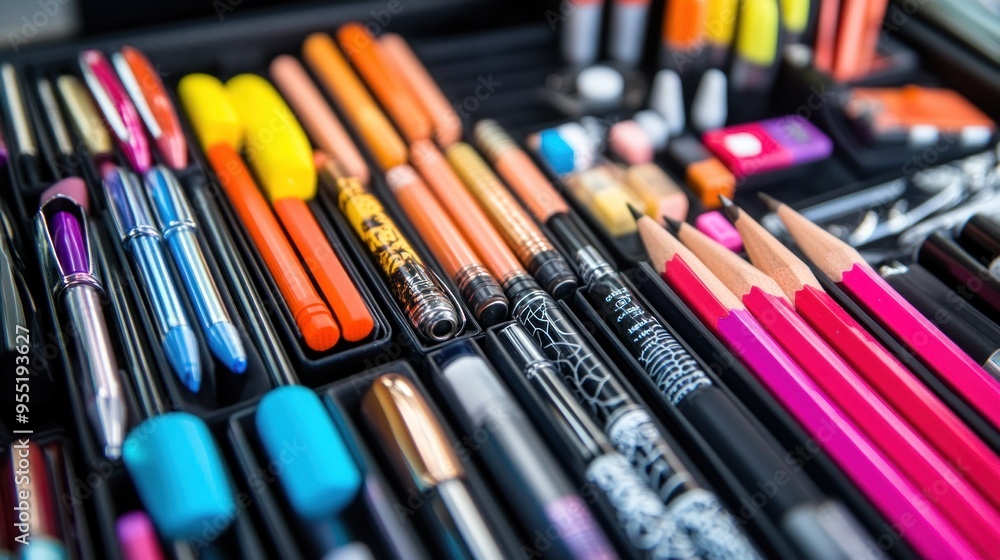 Colorful Pens and Pencils in a Black Case Colorful Pens and Pencils in a Black Case