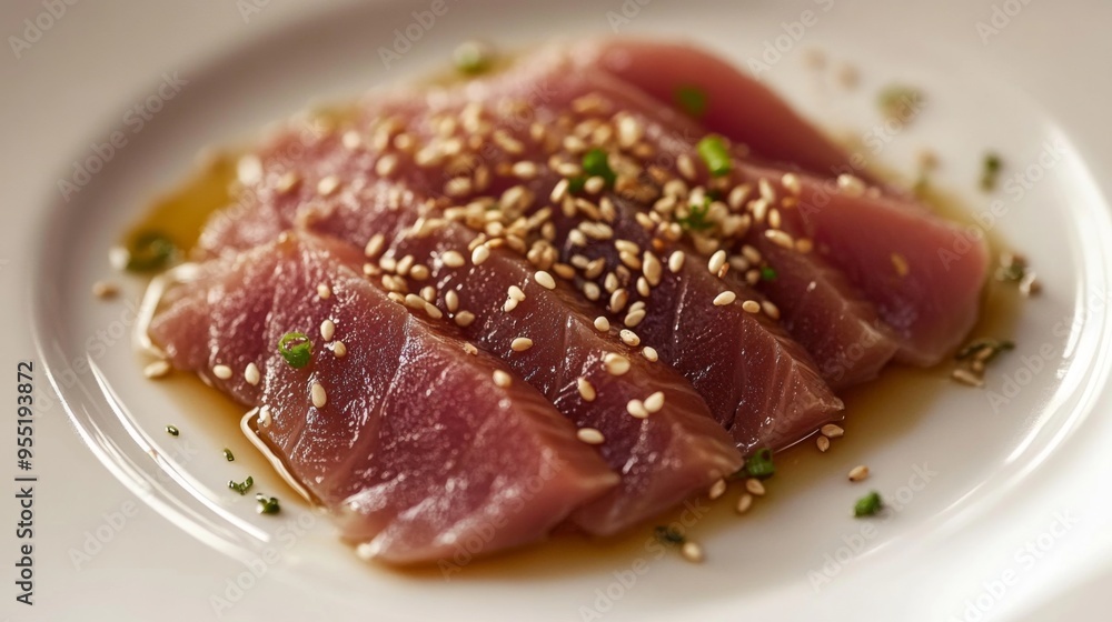 A plate of food with a piece of thinly sliced tuna and some sesame seeds on top. The plate is white and the food is arranged in a visually appealing manner A plate of food with a piece of thinly sliced tuna and some sesame seeds on top. The plate is white and the food is arranged in a visually appealing manner