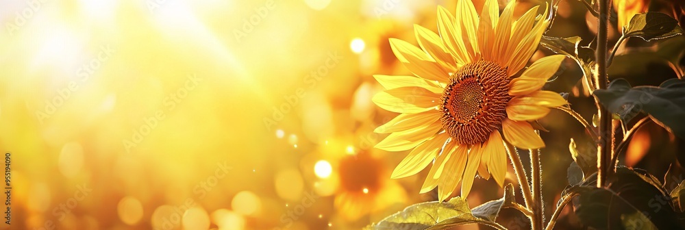 Fototapeta premium Sunflower in the Sun with Golden Yellow Color and Blurred Background. AI generated illustration.