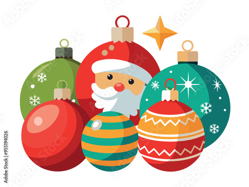 Christmas ornaments with santa claus face and gold star shining brightly-