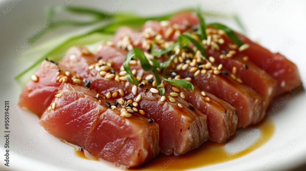 A plate of food with a piece of thinly sliced tuna and some sesame seeds on top. The plate is white and the food is arranged in a visually appealing manner A plate of food with a piece of thinly sliced tuna and some sesame seeds on top. The plate is white and the food is arranged in a visually appealing manner