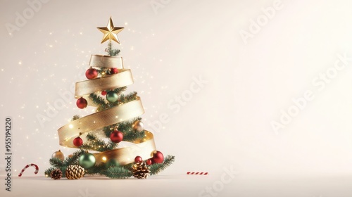 Christmas tree formed by a golden ribbon spiraling with festive ornaments green and red baubles, pine-cone, candy canes, and small gold bells on light background. Suitable for use as a holiday banner 