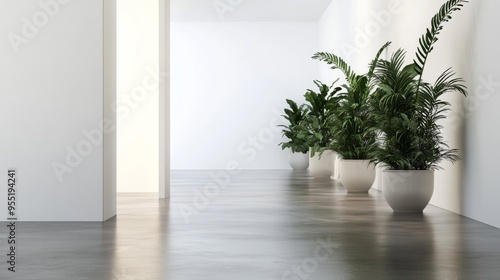 A sleek hallway in minimalist design, with white walls, polished concrete floors, and a row of potted plants, creating a sense of openness and flow.