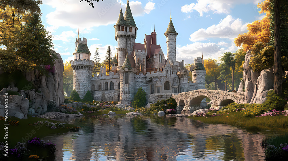 Obraz premium Fairytale medieval castle with stone bridge and river, majestic fantasy palace in lush forest landscape, magical kingdom illustration for storytelling