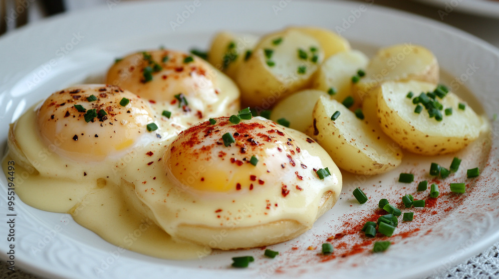 Eggs Benedict with extra sauce and sliced toppings, elegantly served on a white plate, perfect for brunch and conveying indulgence and gourmet breakfast Eggs Benedict with extra sauce and sliced toppings, elegantly served on a white plate, perfect for brunch and conveying indulgence and gourmet breakfast