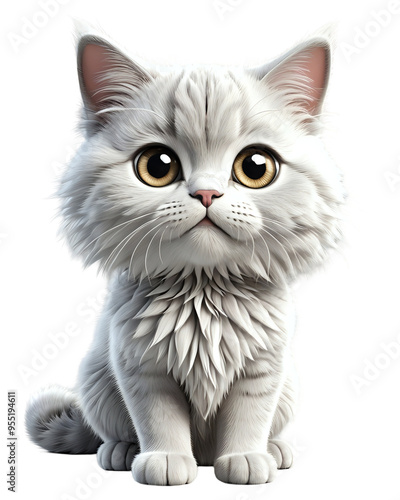 Adorable fluffy white kitten with big yellow eyes, sitting and looking at the camera.