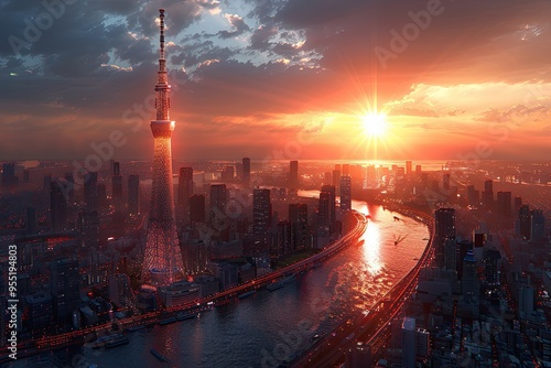 panoramic views from the top of the Skytree, capturing the cityscape at dusk