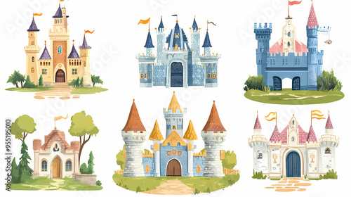 Wallpaper Mural Fairytale castle constructor. clip art with towers, flags, roofs, gates. architecture elements isolated on white. Castle. Illustration Torontodigital.ca