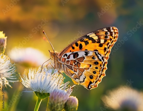 Leopard Butterfly Close-Up Collecting Nectar on Wild Flowers in Daylight photo