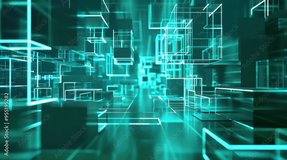 Abstract digital background with geometric neon lines and shapes in a futuristic, technological style with teal and black colors. Abstract digital background with geometric neon lines and shapes in a futuristic, technological style with teal and black colors.