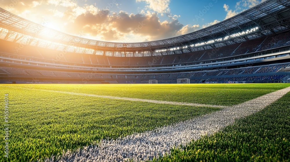 Fototapeta premium Vibrant football stadium at sunset, showcasing a pristine soccer field and empty stands under a beautiful sky, capturing the essence of sports anticipation.
