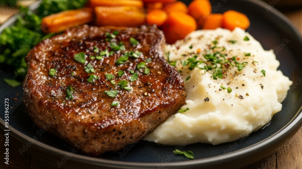 A plate of meat with a side of mashed potatoes and vegetables. The meat is cooked and seasoned perfectly, and the vegetables are roasted A plate of meat with a side of mashed potatoes and vegetables. The meat is cooked and seasoned perfectly, and the vegetables are roasted