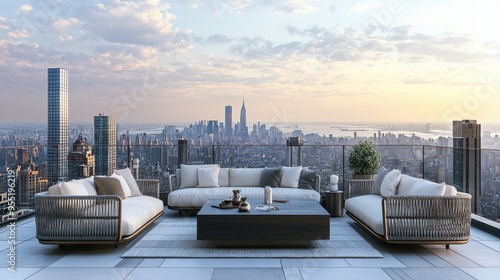 Wallpaper Mural Luxurious rooftop terrace with modern furniture offering stunning city skyline views at sunset, perfect for relaxation or social gatherings. Torontodigital.ca