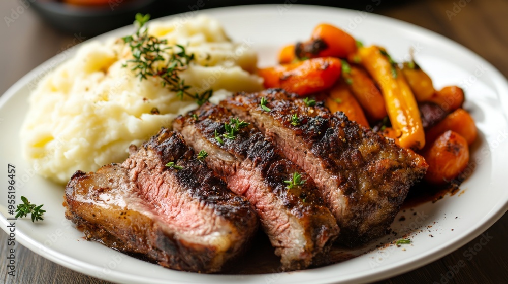 A plate of meat with a side of mashed potatoes and vegetables. The meat is cooked and seasoned perfectly, and the vegetables are roasted A plate of meat with a side of mashed potatoes and vegetables. The meat is cooked and seasoned perfectly, and the vegetables are roasted