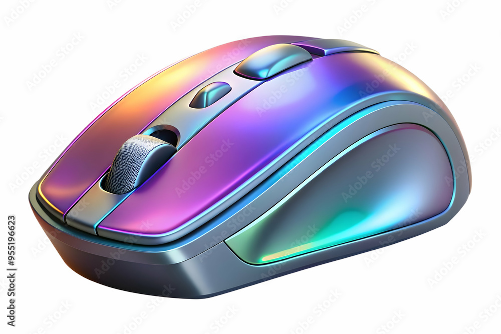 Advanced 3D Gaming Mouse with Holographic Sensitivity Settings Floating Concept on White Surface - Interactive Digital Elements - Copy Space - Technology Innovation