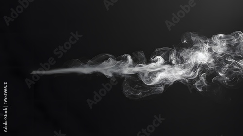 Smoke forming intricate patterns, set against a deep black background, positioned in the upper third, dramatic side lighting highlighting the smoke delicate structure, creating a sense of mystery and photo