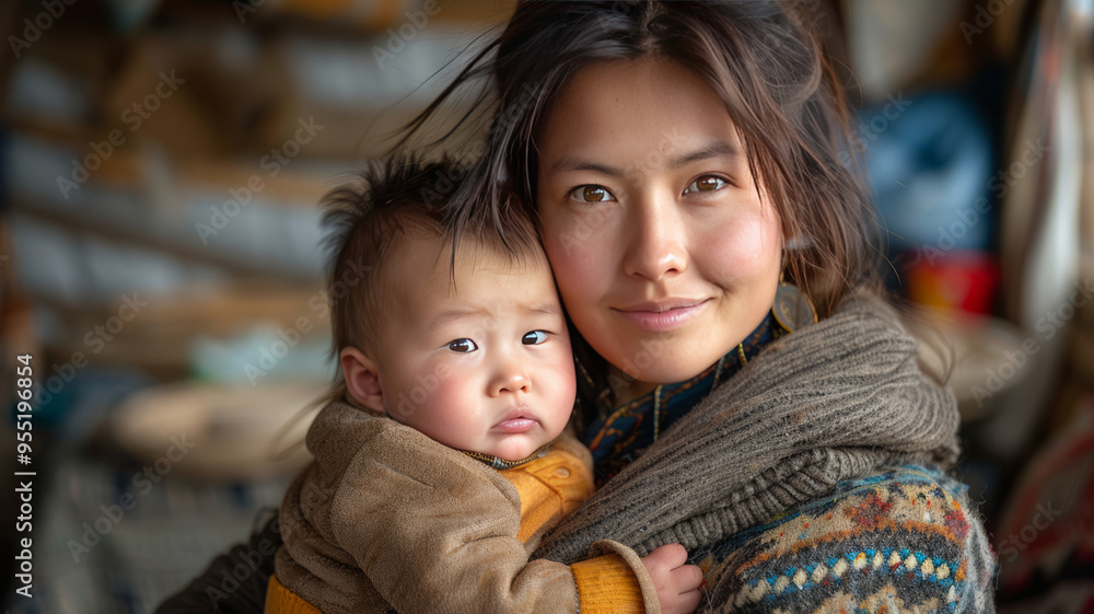 Obraz premium Mongolian mother dressed clean modern cashmere, holding 1 months old baby boy wearin clean modern cloth, in sitting mongolian modern yurt