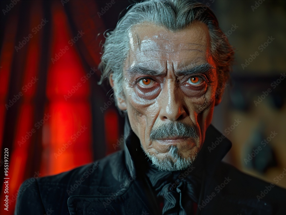 A man with pale skin, gray hair and a goatee stares intensely at the camera with red eyes. A man with pale skin, gray hair and a goatee stares intensely at the camera with red eyes.
