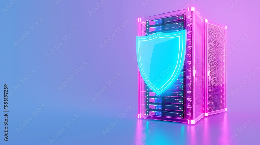 Futuristic server with digital shield icon, representing cybersecurity and data protection in a neon-lit environment. Futuristic server with digital shield icon, representing cybersecurity and data protection in a neon-lit environment.