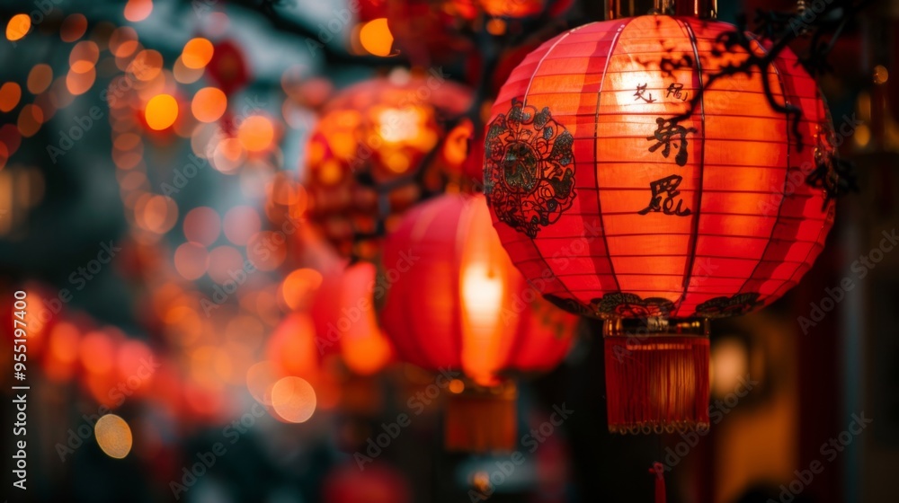 Traditional Chinese New Year Decorations: Red Lanterns, Paper Cuttings, Couplets, and Auspicious 'Fu' Symbols for a Festive Celebration. Traditional Chinese New Year Decorations: Red Lanterns, Paper Cuttings, Couplets, and Auspicious 'Fu' Symbols for a Festive Celebration.