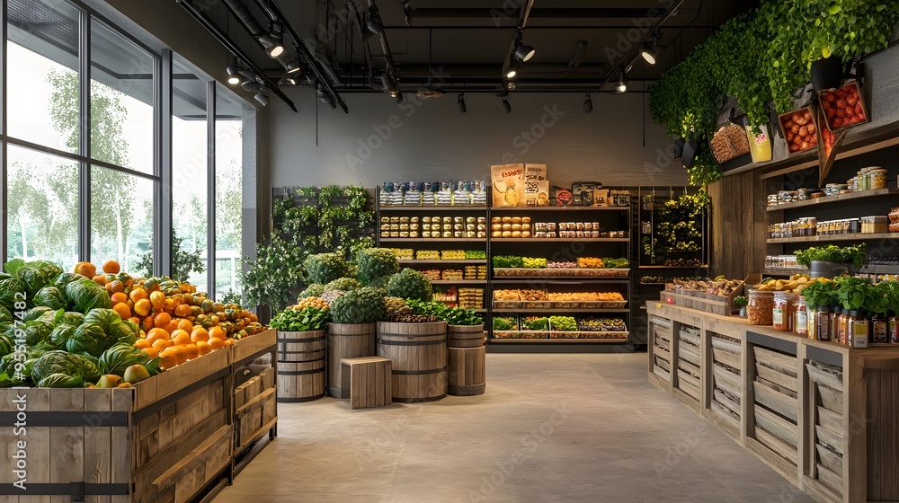 A store interior featuring 3D-rendered bulk food bins and eco-friendly greens A store interior featuring 3D-rendered bulk food bins and eco-friendly greens
