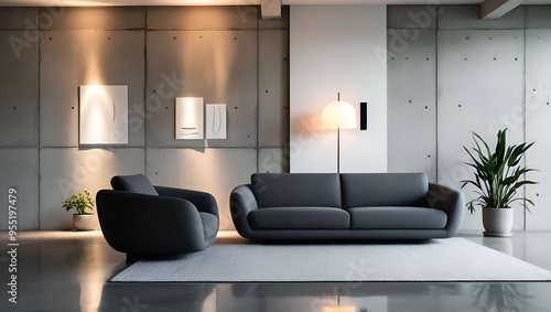 Modern living room interior with comfortable sofa, stylish armchair, and elegant decor