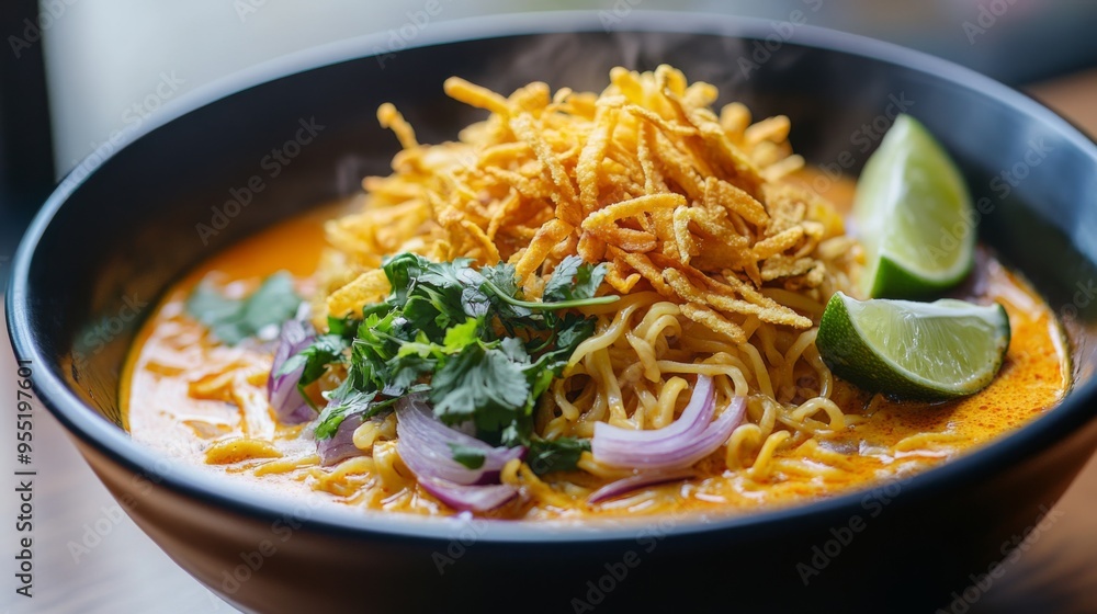 A steaming bowl of Khao Soi, Northern Thai curry noodles, topped with crispy noodles, pickled mustard greens, and fresh lime wedges. A steaming bowl of Khao Soi, Northern Thai curry noodles, topped with crispy noodles, pickled mustard greens, and fresh lime wedges.