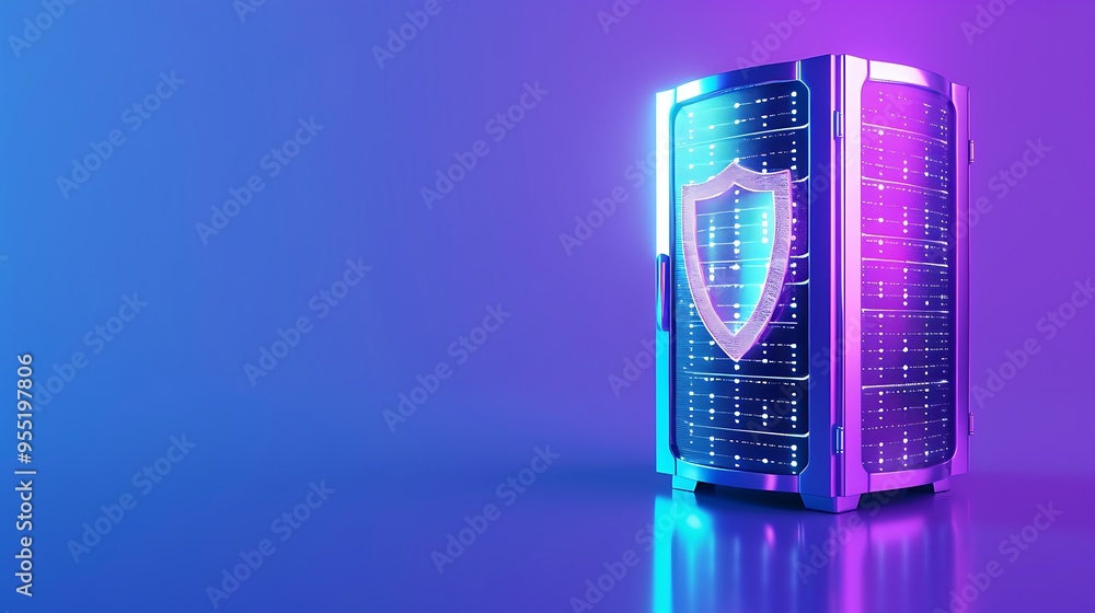 Futuristic server with shield icon representing data security and protection in a neon-lit environment. Futuristic server with shield icon representing data security and protection in a neon-lit environment.