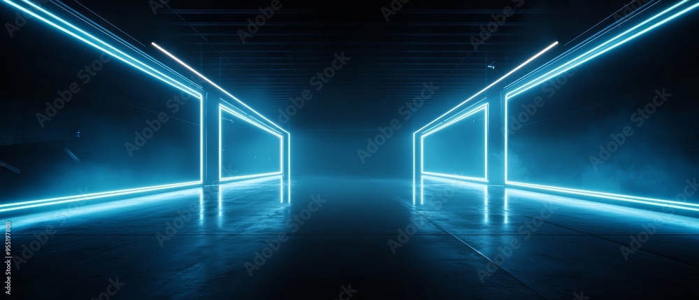 Futuristic corridor with neon blue lights and dark ambiance, perfect for technology and sci-fi backgrounds or graphic design projects. Futuristic corridor with neon blue lights and dark ambiance, perfect for technology and sci-fi backgrounds or graphic design projects.