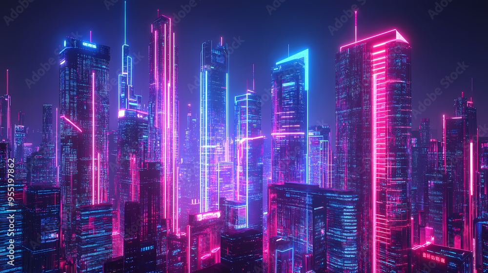 Fototapeta premium Cyberpunk futuristic city skyline with neon pink and blue lights, glowing sci-fi skyscrapers in a digital metropolis, synthwave aesthetic urban landscape
