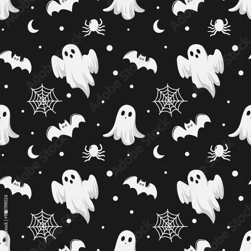 This Halloween pattern features a flat style with various iconic elements.Seamless background perfect for use in textiles, wallpapers, and festive decorations.