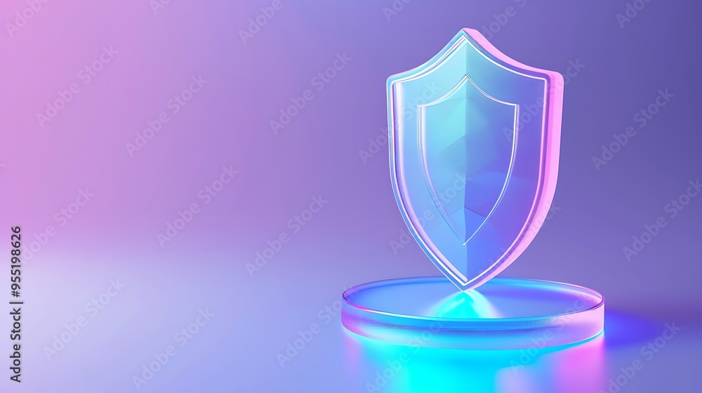 Futuristic shield symbol in neon colors on a reflective surface, representing security, protection, and advanced technology. Futuristic shield symbol in neon colors on a reflective surface, representing security, protection, and advanced technology.