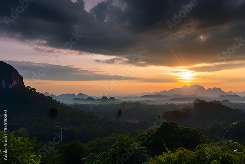 Mountain view sunrise time lapse at Din Deang Doi viewpoint with tropical forest, Krabi Thailand nature landscape timelapse Generative AI photo