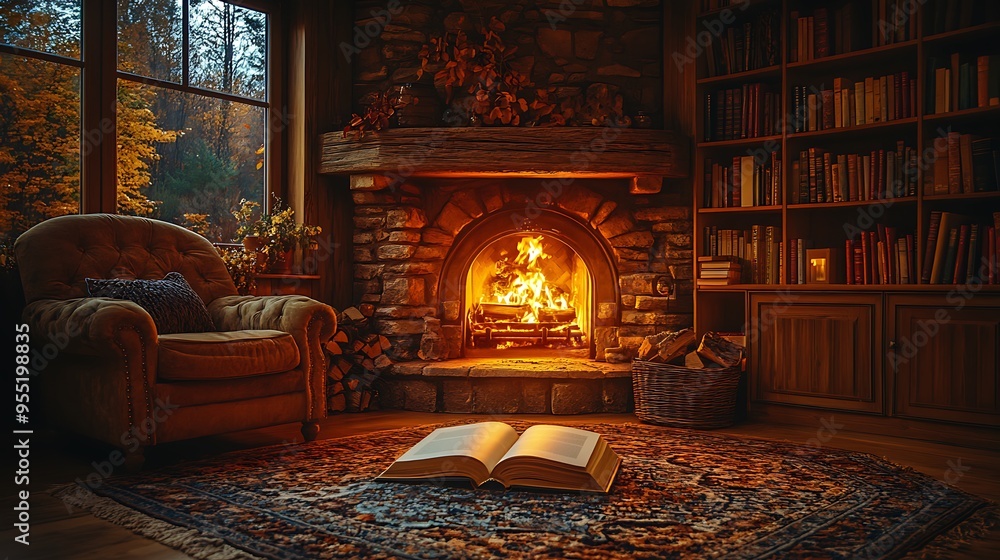 A tranquil autumn night with an open book resting on a plush armchair, the warm glow of a fireplace reflecting off its pages, the room illuminated by soft golden hues, rich textures, A tranquil autumn night with an open book resting on a plush armchair, the warm glow of a fireplace reflecting off its pages, the room illuminated by soft golden hues, rich textures,