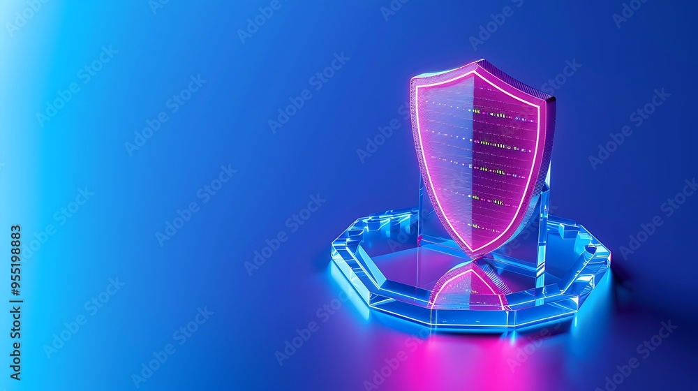 Futuristic shield with digital neon lights symbolizing cybersecurity, data protection, and information security on a blue background. Futuristic shield with digital neon lights symbolizing cybersecurity, data protection, and information security on a blue background.