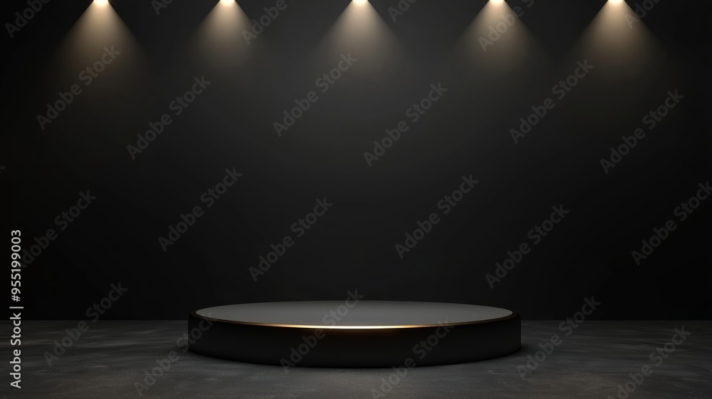 A minimalist 3D podium with empty space in the center, framed by soft spotlights, set against a dark grey background, ideal for elegant advertising displays A minimalist 3D podium with empty space in the center, framed by soft spotlights, set against a dark grey background, ideal for elegant advertising displays