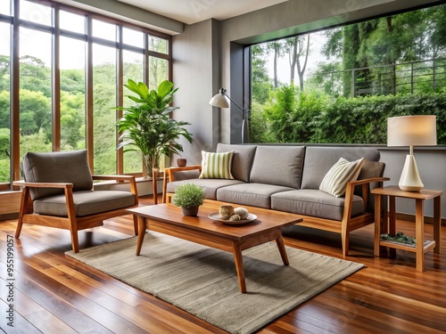 A sleek koa wood sofa takes center stage, accompanied by a geometric coffee table and a plush armchair,