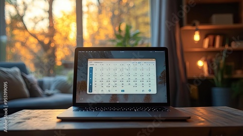 Open laptop with calendar app on the screen, Monday morning, scheduling and planning
