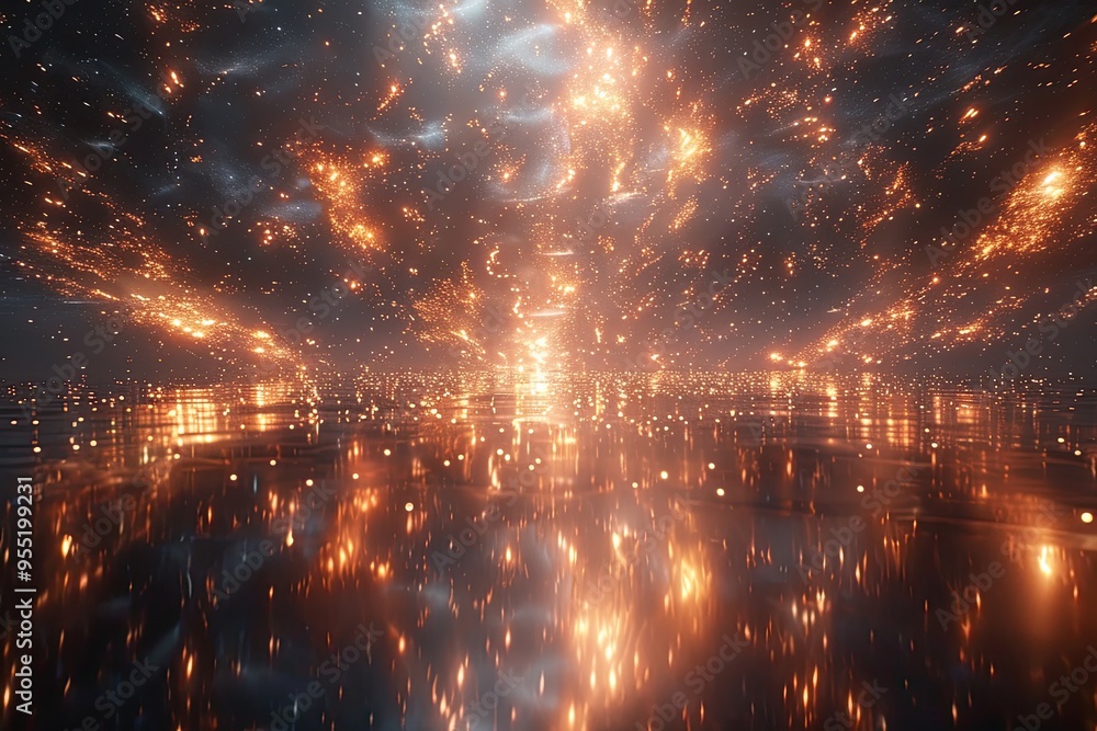 Fototapeta premium Fireworks and Light Trails over a Lake Fireworks exploding in the sky with trailing light