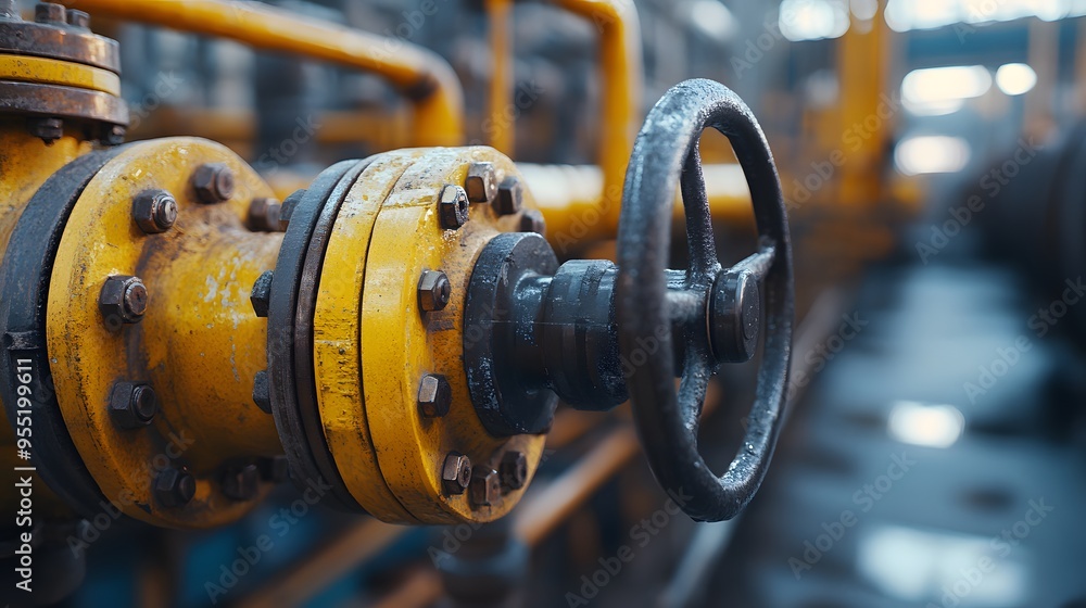 Obraz premium High-Pressure Valve with Safety Features: A close-up of a high-pressure valve equipped with safety features, prominently displayed in a gas plant setting.