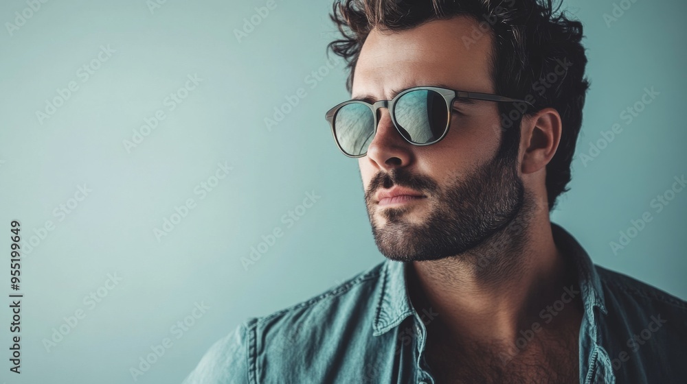 Obraz premium A stylish, handsome man wearing casual clothing and sunglasses, with a sharp focus on his facial features and a clean, minimalist background.