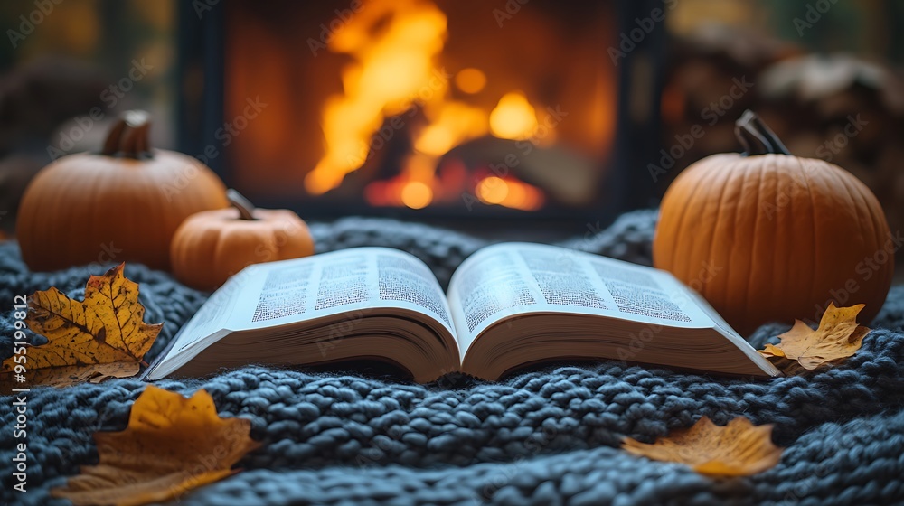 A tranquil fireside scene featuring an open book on a cozy blanket, the pages softly lit by the warm glow of a fireplace, autumn decorations like leaves and small pumpkins nearby, A tranquil fireside scene featuring an open book on a cozy blanket, the pages softly lit by the warm glow of a fireplace, autumn decorations like leaves and small pumpkins nearby,