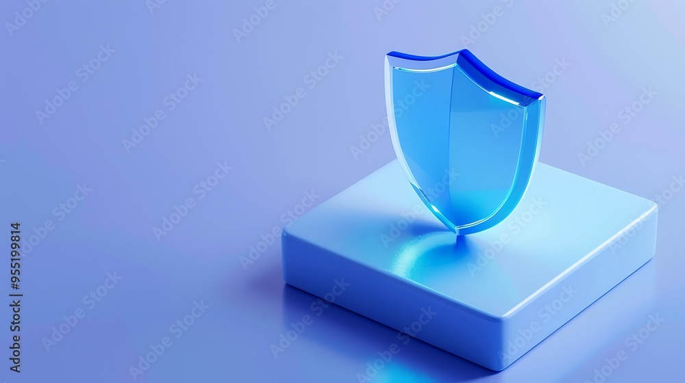 Glossy blue shield icon on a platform, symbolizing protection, security, and safety in a soft blue-toned background. Glossy blue shield icon on a platform, symbolizing protection, security, and safety in a soft blue-toned background.