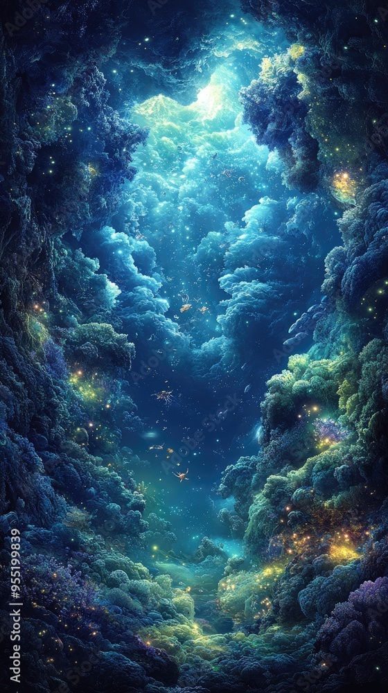 Naklejka premium Abstract wallpaper depicting whales swimming through interstellar clouds