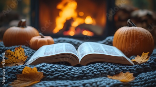 A tranquil fireside scene featuring an open book on a cozy blanket, the pages softly lit by the warm glow of a fireplace, autumn decorations like leaves and small pumpkins nearby,