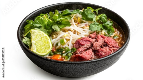 Delicious bowl of pho, featuring tender meat, fresh herbs, lime, and bean sprouts in rich broth, perfect for food lovers.