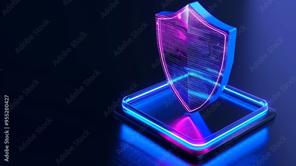 Glowing digital shield representing advanced cyber security and data protection on a dark background with neon lights. Glowing digital shield representing advanced cyber security and data protection on a dark background with neon lights.