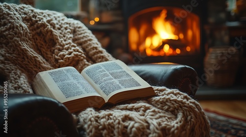 A warm and inviting scene of an open book on a plush chair with a knitted blanket draped over the arm, next to a glowing fireplace, cozy autumn evening vibes, soft ambient lighting, rich warm tones,