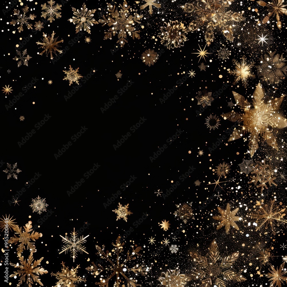New Year's Eve Graphic with Golden Snowflakes, Stars, and Fireworks on Black Background
New Year's Eve Graphic with Golden Snowflakes, Stars, and Fireworks on Black Background